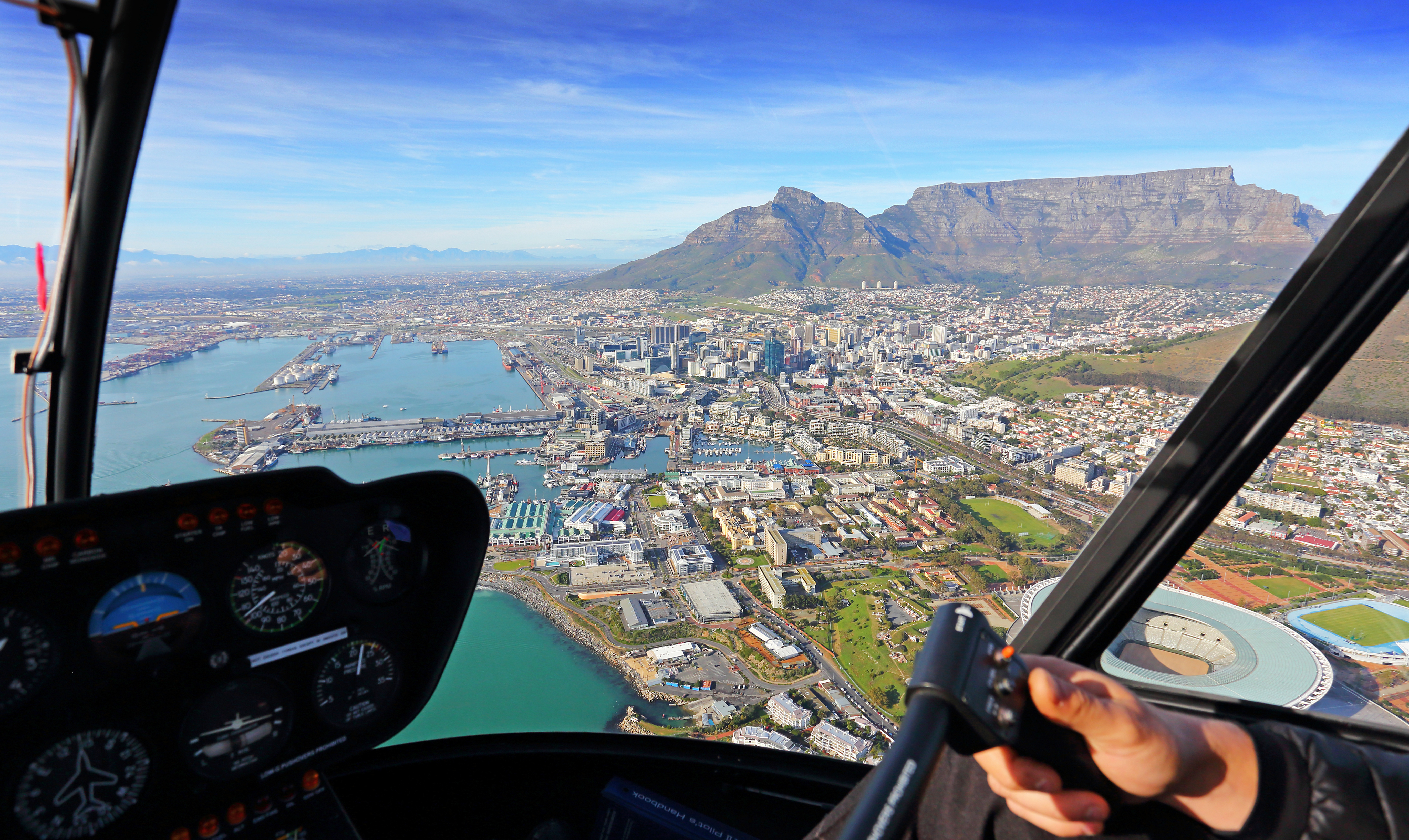 Helicopter pilots view of Cape Town CBD with table mountain in the background